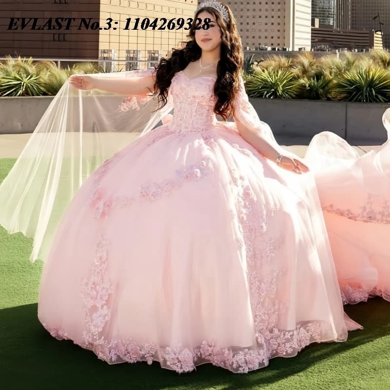 EVLAST Personalizzato Glitter Rosa Abito Quinceanera Abito di Sfera Floreale Applique di Pizzo Che Borda Mantello Dolce 16 Abiti Da 15 Anos E3Q688