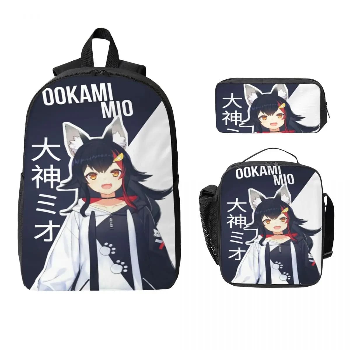 3 pezzi Mio Ookami Hololive Set di zaini per bambini Scatole per matite Set di zaini con scatola per il pranzo Zaino per studenti delle scuole