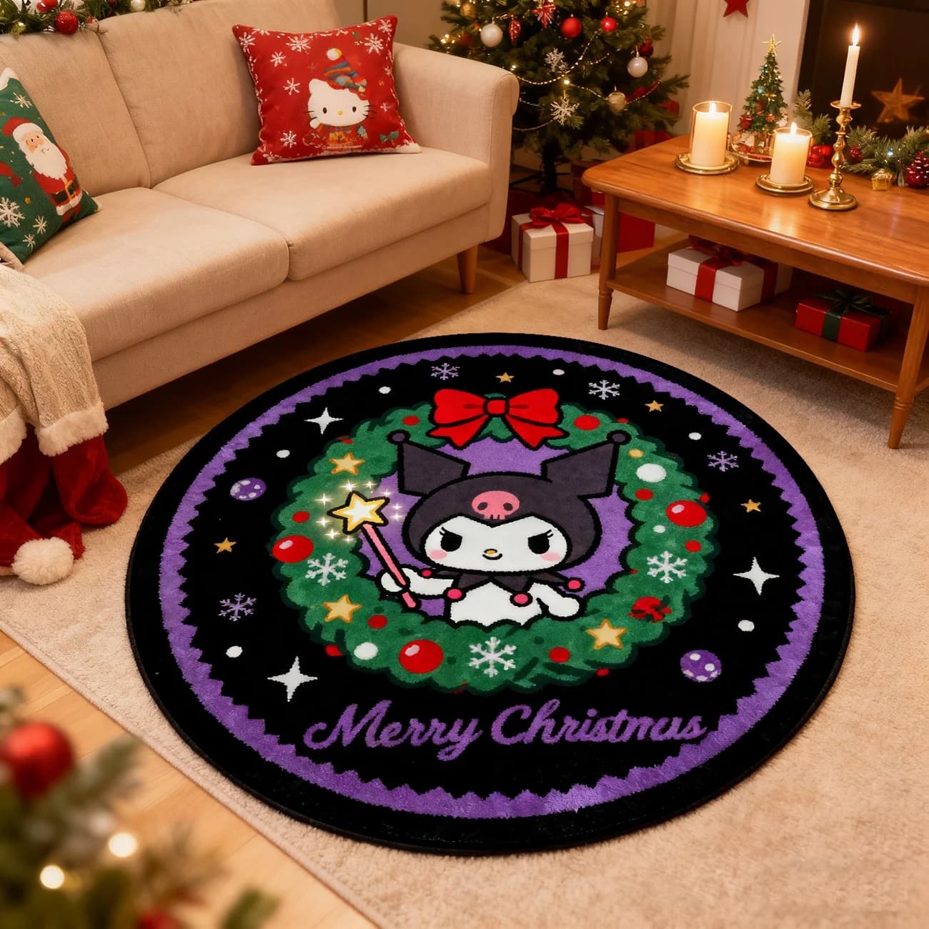 Round Rug Red Christmas Tree Cute Cartoon Friends Circle Carpet Non Slip Floor Mats Area Rugs for Living Room Bedroom Decor