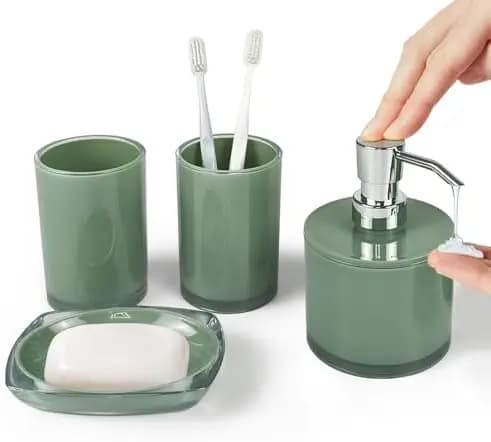 Set da bagno ispessito in 4 pezzi con bicchieri per spazzolini e dispenser per sapone – Verde oliva