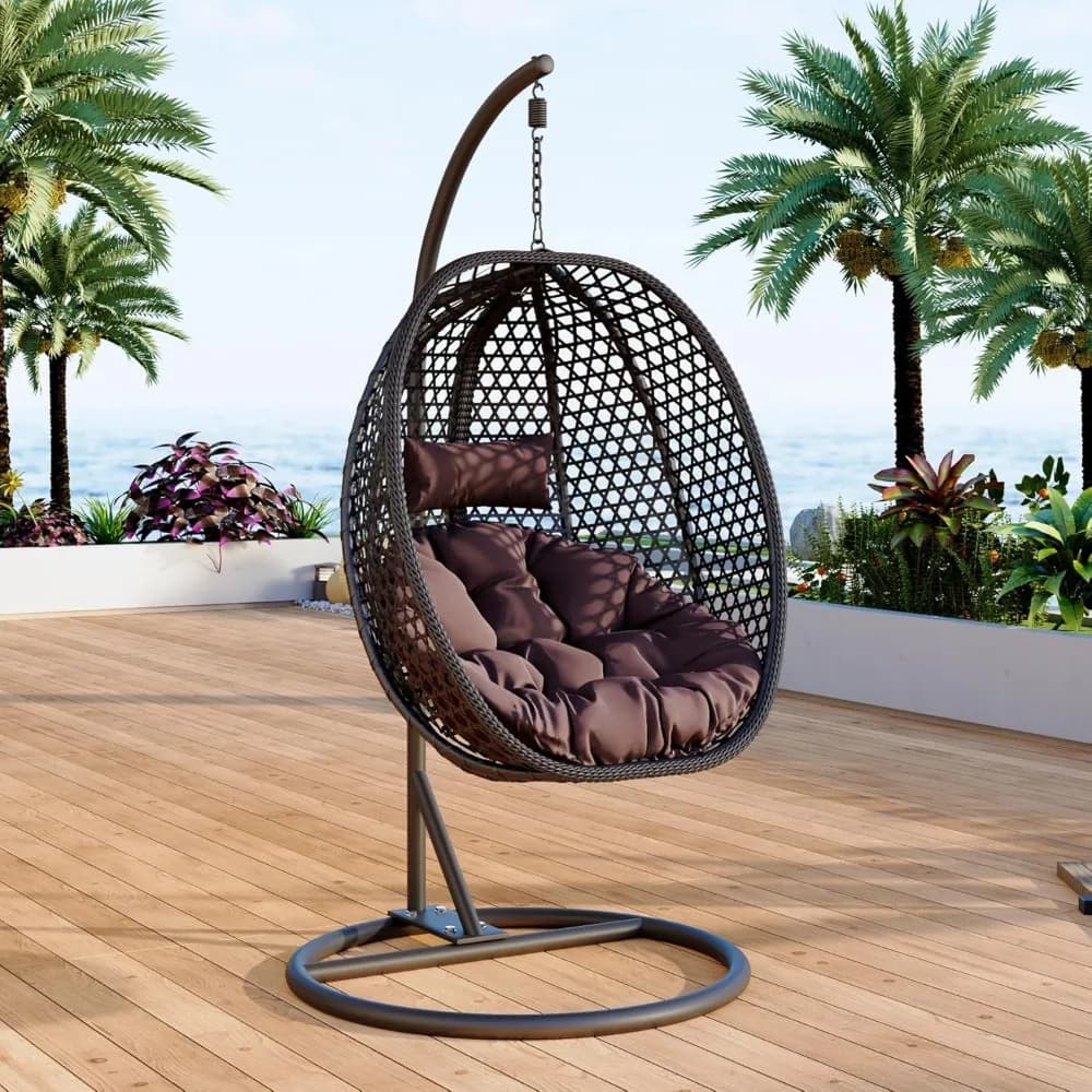 Outdoor egg swing chair with support, hanging chair with rattan basket for eggs with pillow and pillow, lounge chair, folding basket and M