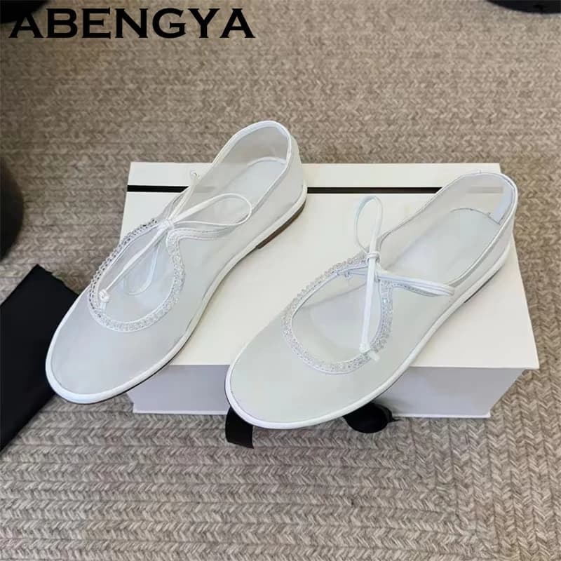 Scarpe basse da donna con punta tonda e cristalli, traspiranti in mesh, con lacci, mocassini piatti estivi casual da passeggio, scarpe singole da donna