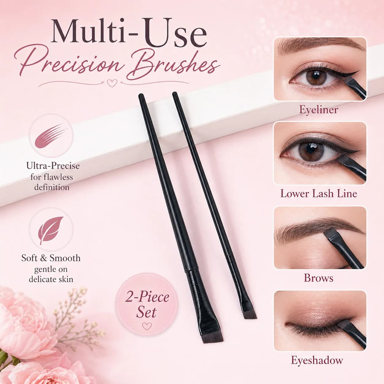 Set di pennelli per trucco di precisione in 2 pezzi, pennelli multiuso per eyeliner, sopracciglia e ombretto