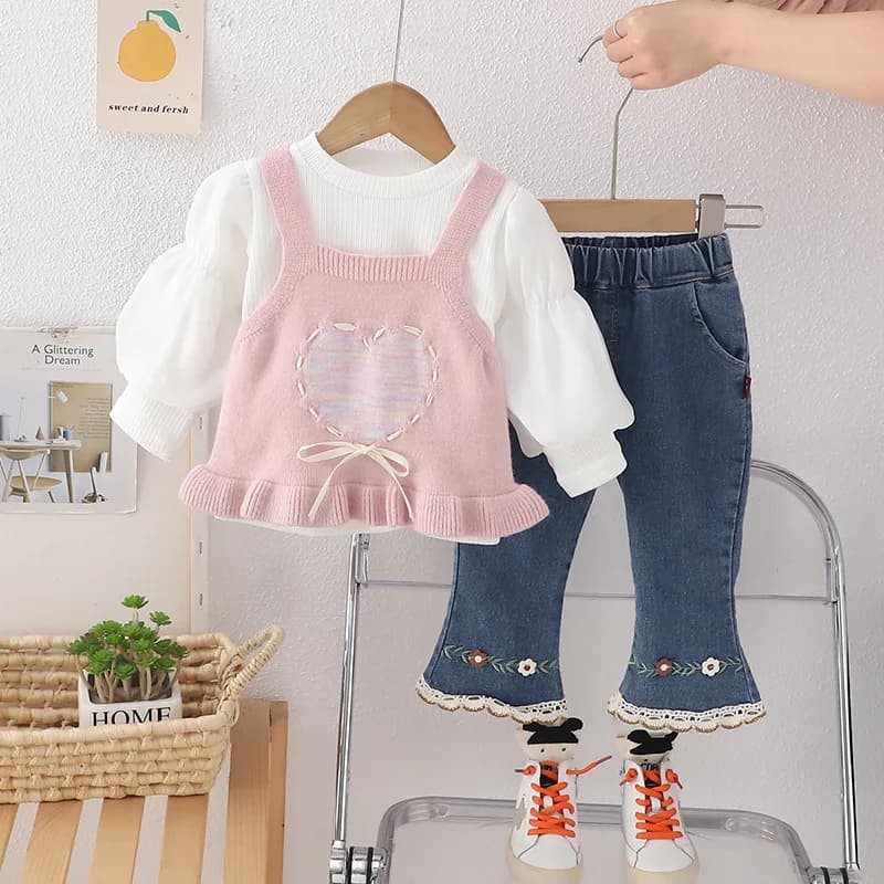 Spring 1 year Baby Birthday Sets Baby Girls Clothes Love Knitted Tank Top+T-shirt+Cowboy Bellbottom Pant Suits infant Cloth sets