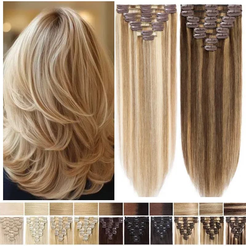 Extensioni per capelli a clip personalizzate, 100% capelli umani, 7 pezzi, trama di capelli lisci, colore, lunghezza e peso a scelta