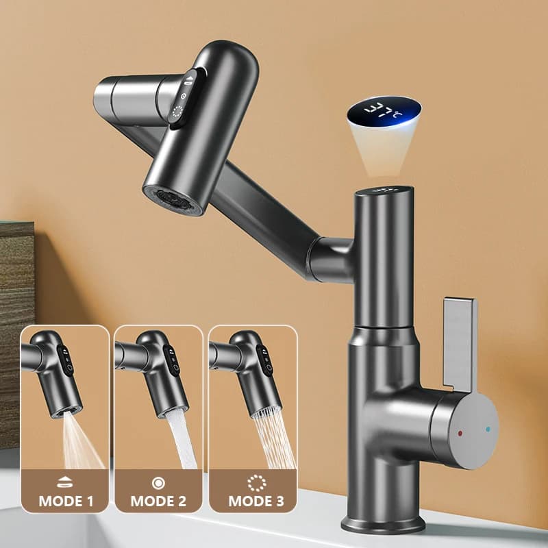 Rubinetto per Lavabo con Rotazione a 360°, Display Digitale LED, Multifunzione, Getto a Spruzzo, Miscelatore Acqua Calda e Fredda per Bagno