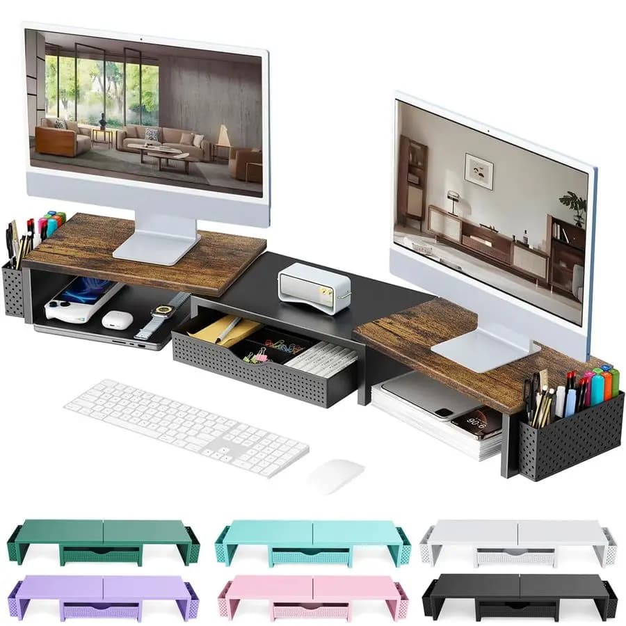 Support for Double Monitor, Desk Organizer with Drawer and 2 Laptop, Computer Monitor Support, Desk shelf, Wood