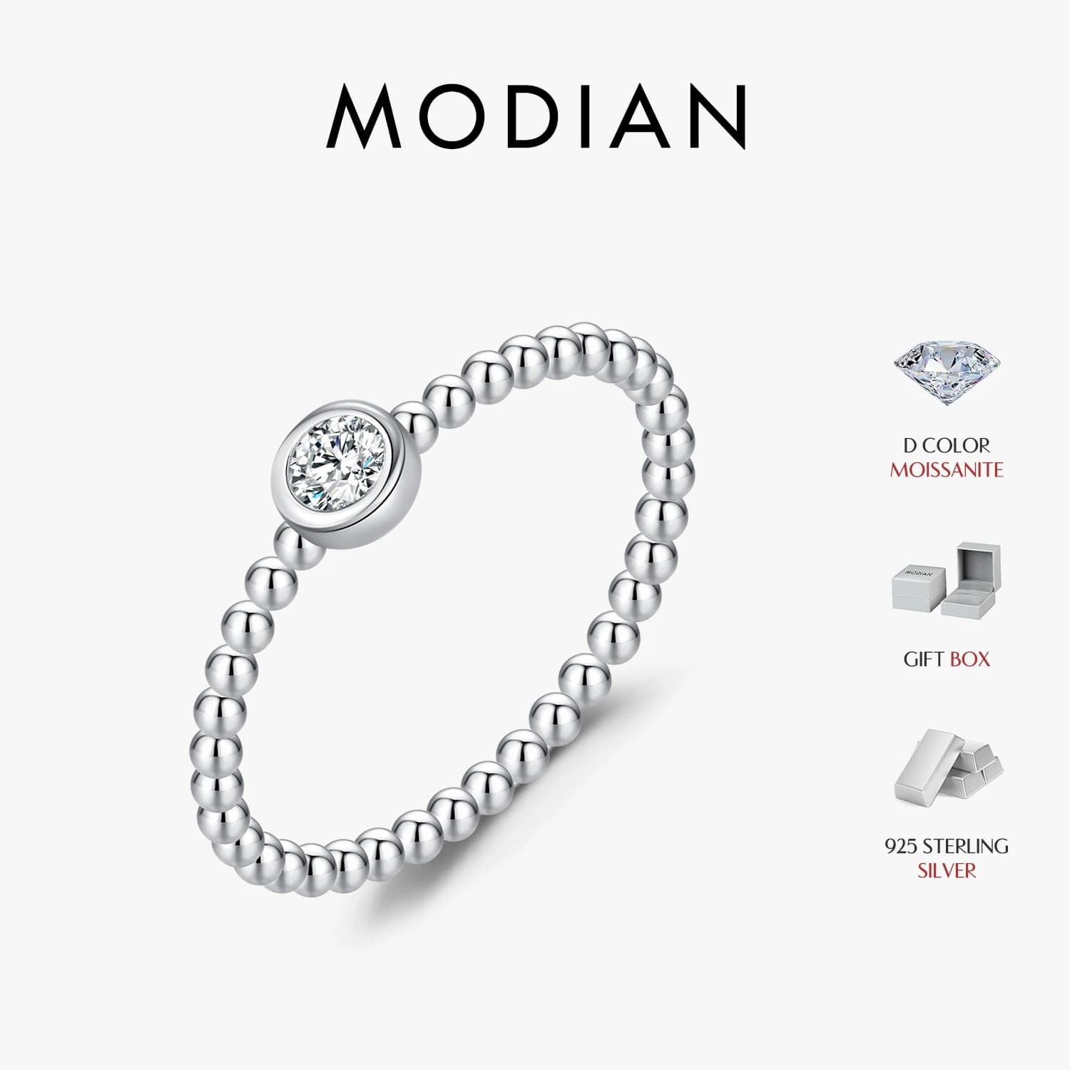MODIAN Lunetta Impostazione Anello Moissanite Perline in argento sterling 925 Anelli da dito impilabili alla moda per le donne Gioielli con diamanti da laboratorio