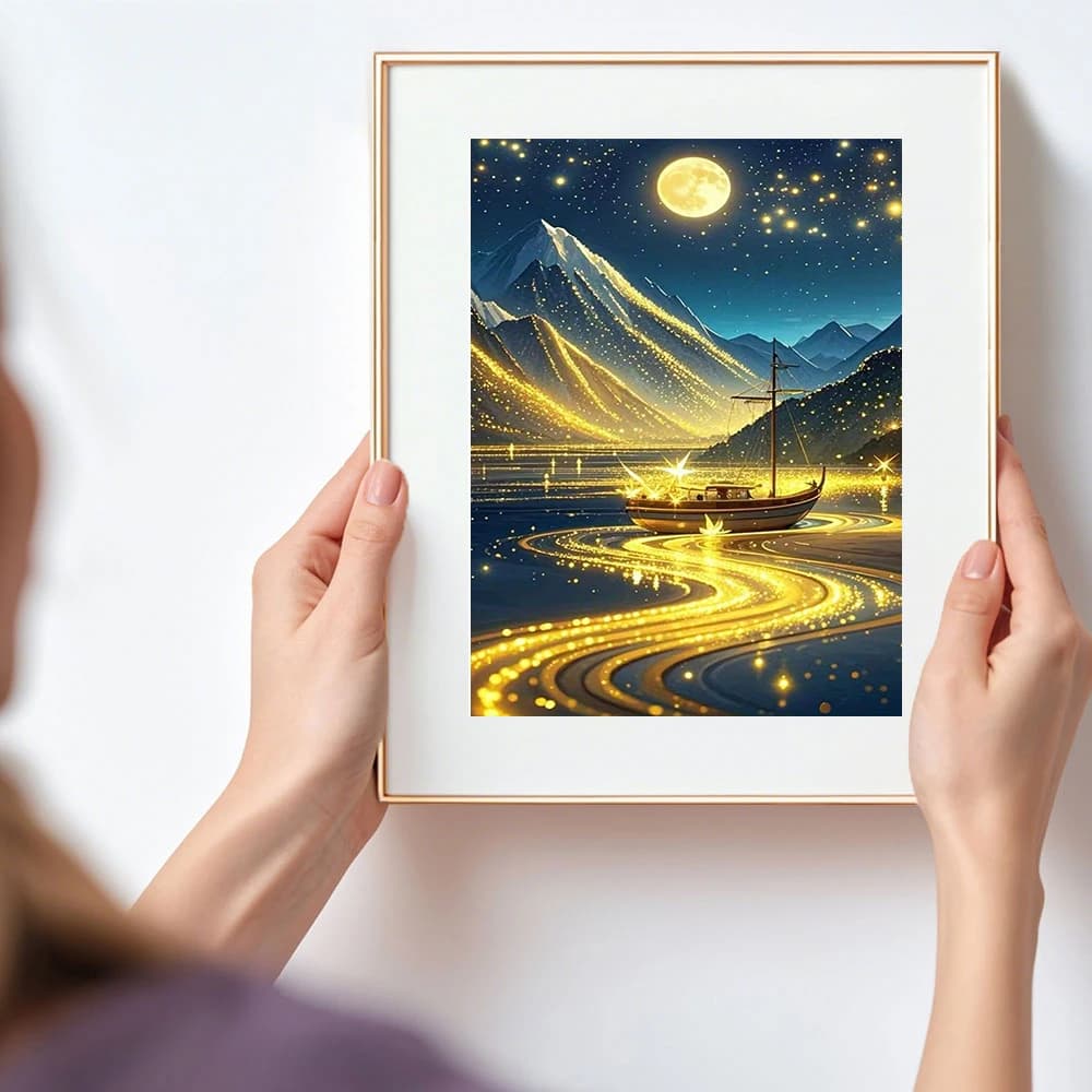 Libro di Pittura Diamantata: Kit Completo Paesaggio Luna Barca Fiume con Mosaico di Diamanti, Senza Cornice