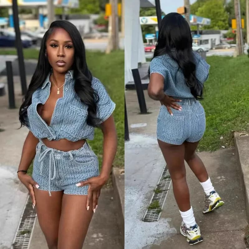 Chic Summer 2 Piece Sets Denim Outfits Women Short Sleeve Denim Shirt Tops Straight Short Jeans Casual Fashion Vest Style Y2K
