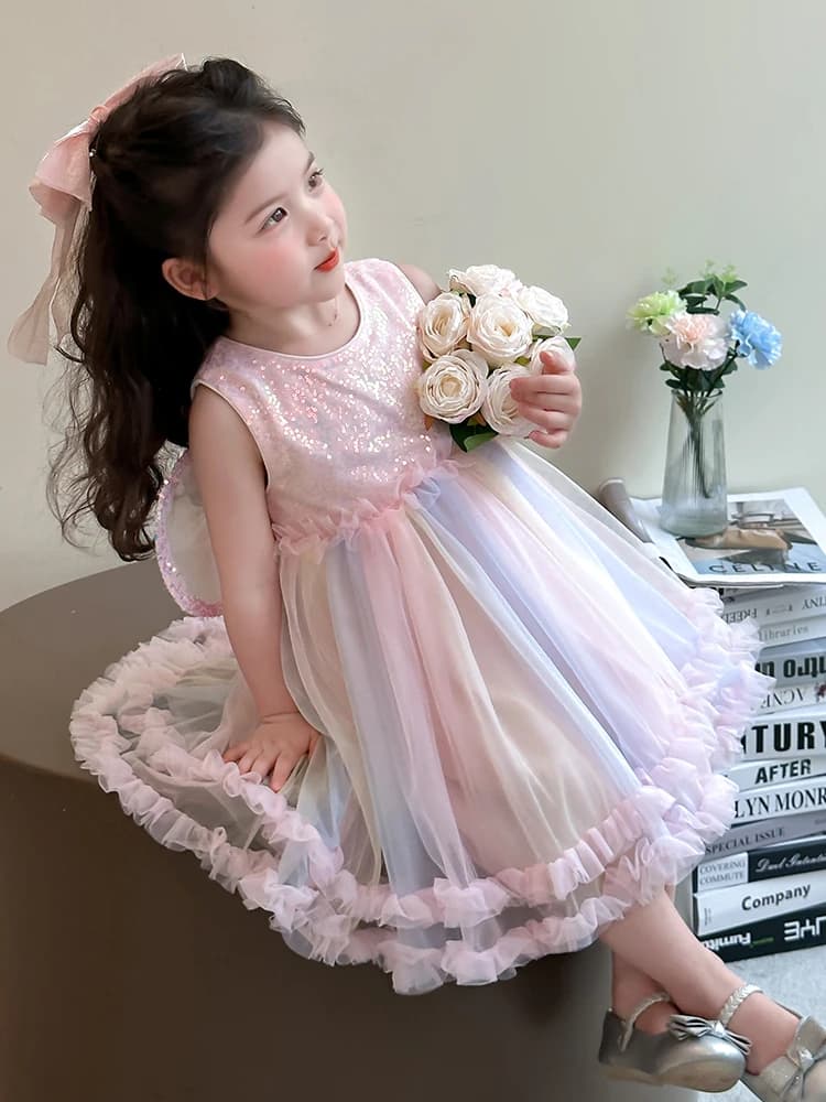 Vestito da compleanno per bambina con ali, gonna da principessa, abito in rete per performance, vestito estivo dolce stile principessa per bambina, vita media