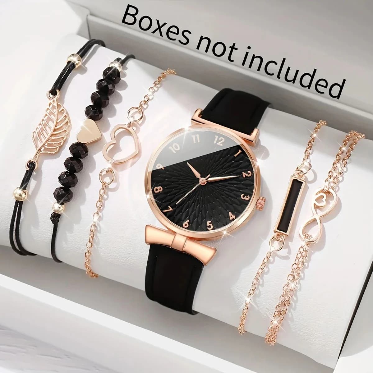New Black Rose Gold Women's Watch Set with Belt Quartz Watch and Bracelet Six Piece Set (Box Not Included)