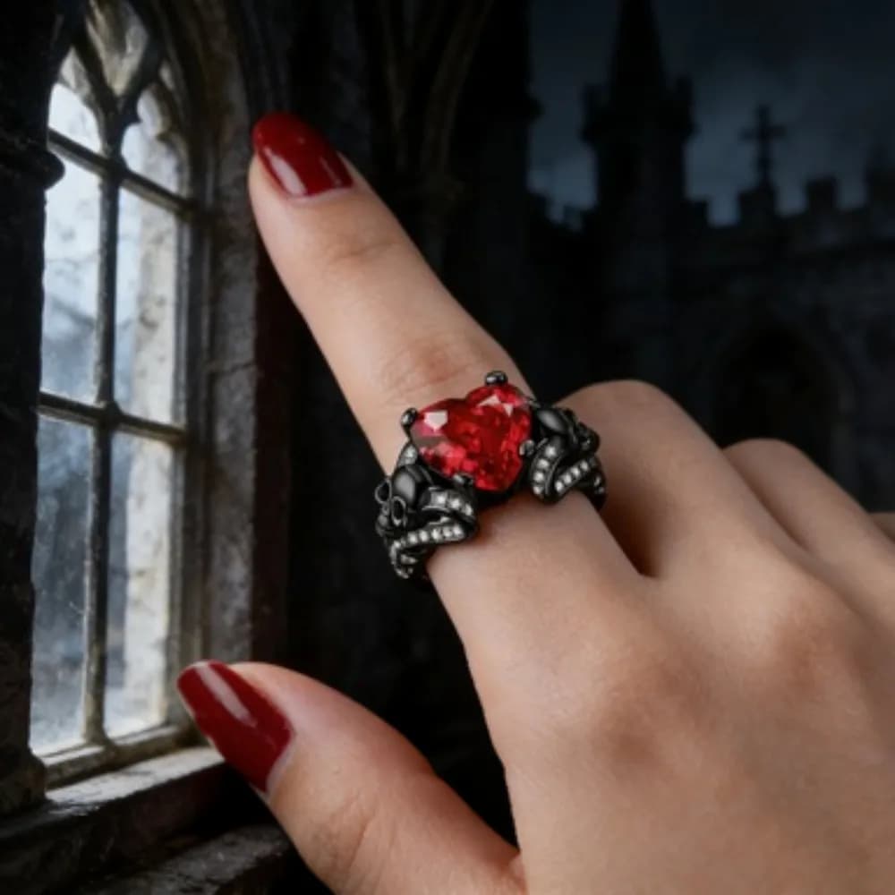 Anello Gotico con Teschio e Rosa Nera per Donne, Gioiello con Cuore in Cristallo Rosso e Viola, Regalo per San Valentino e Anniversario
