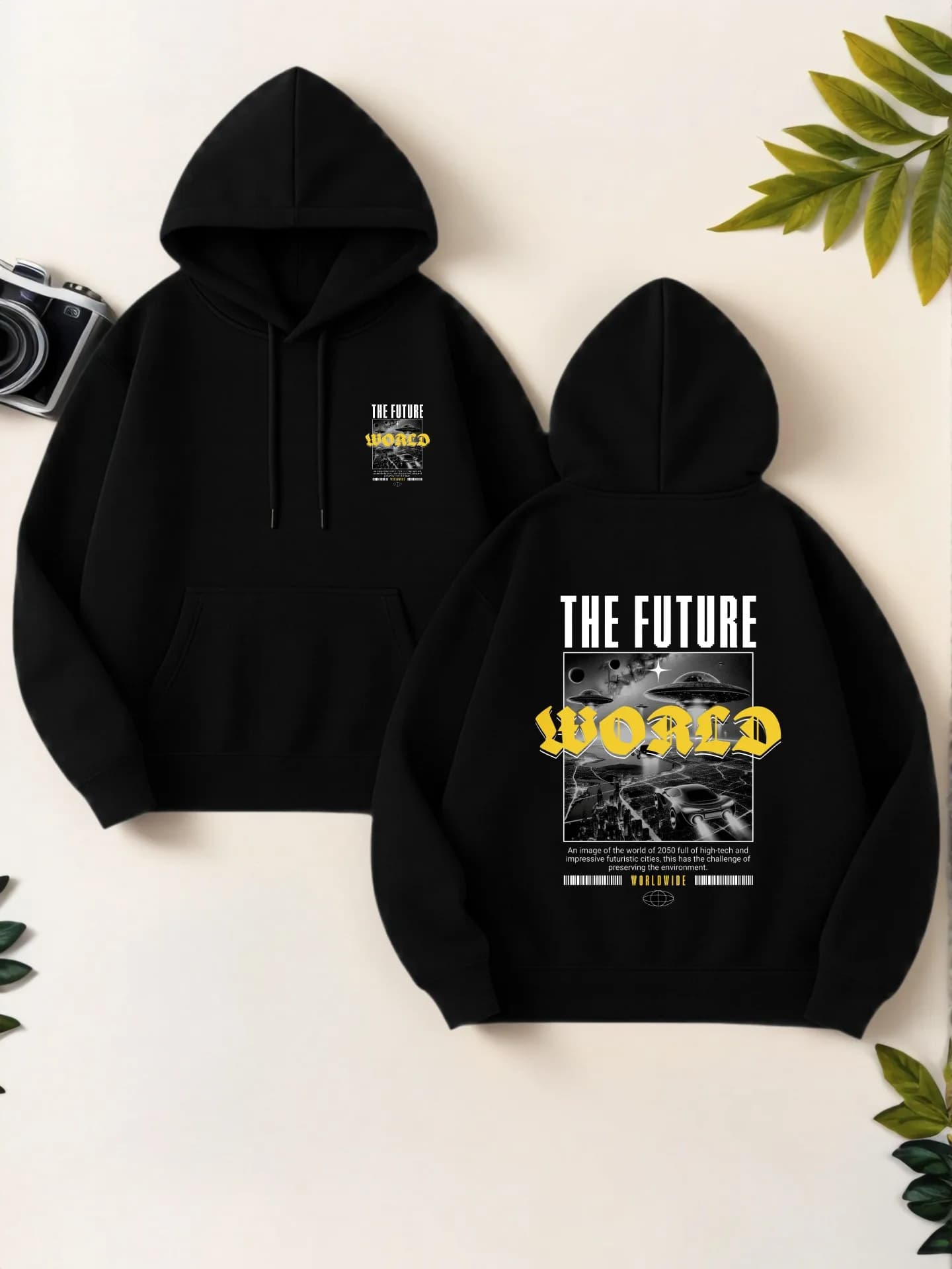 Felpa con cappuccio grafica da donna, stampa Future World, estetica streetwear, tessuto morbido, abbigliamento casual quotidiano, per giovani uomini