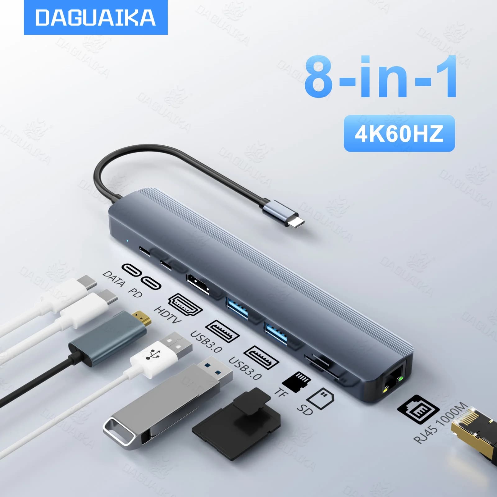 HUB USB C 8 in 1 4K60Hz 1000M Ethernet PD100W Alimentazione Slot per schede SD/TF Porte dati USB 3.0*3 5Gpbs per MacBook