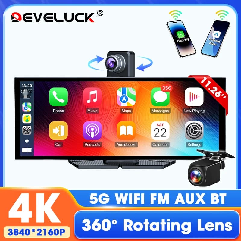 Develuck Dash Cam 4K DVR for Car Wireless with Carplay and Android Auto, Screen 11.26', Camera Posterior, G-Sensor, Night Vision, Video Recorder BT