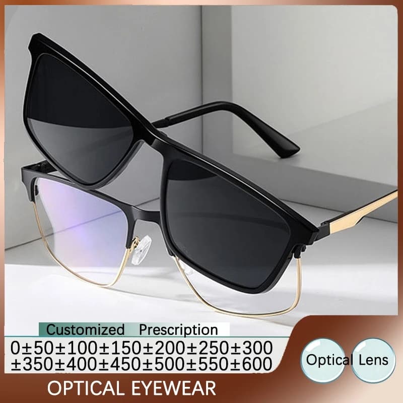 Magnetic Clip On Optical Glasses Frame Men's Reading Glasses Anti Glare Driving Metal Eyewear With Polarized Sunglasses