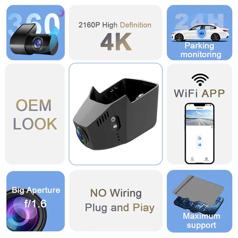 4K HD 2160P Plug and Play Car DVR Wifi Dashcam Video Recorder for Volkswagen Golf CC Magten Passat Tiguan Touran Cupra Formentor