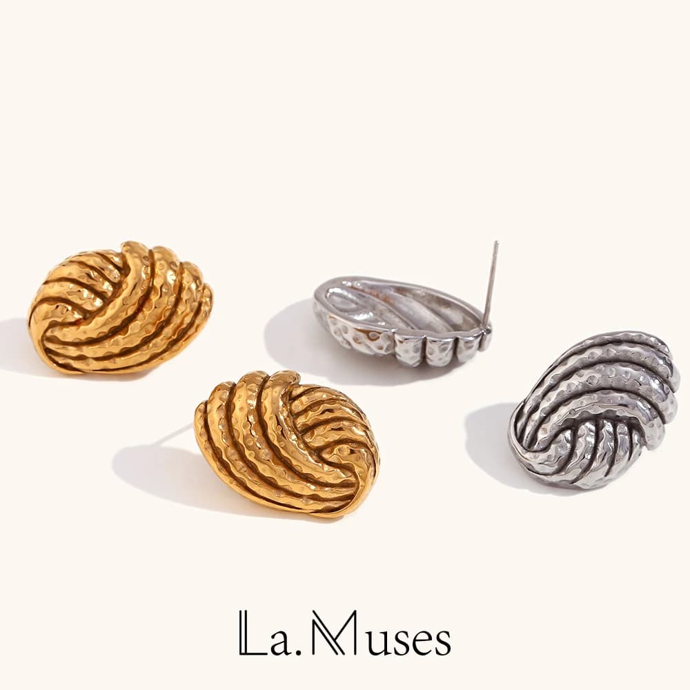 La.Muses Unique Hammering Grain Bread Button Earrings For Women Gold Silver Color Stainless Steel Earrings Woman Jewelry