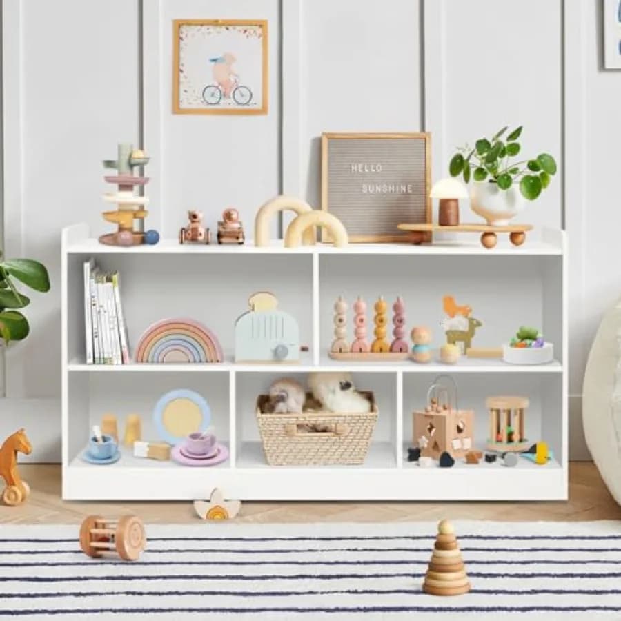 Scaffale Montessori Organizzatore di stoccaggio per giocattoli in legno per libri Giocattoli Libreria a 2 ripiani Armadietto di stoccaggio a 5 sezioni Scaffale per libri per bambini per