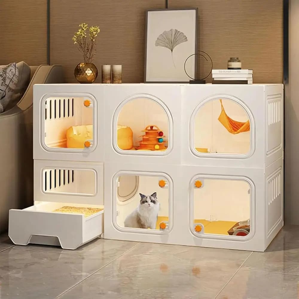 Indoor Transparent Cat Villa with Litter Box, 2/3-Tier Enclosure, Thick Plastic & Resin, White, 42L x 18W x 28H
