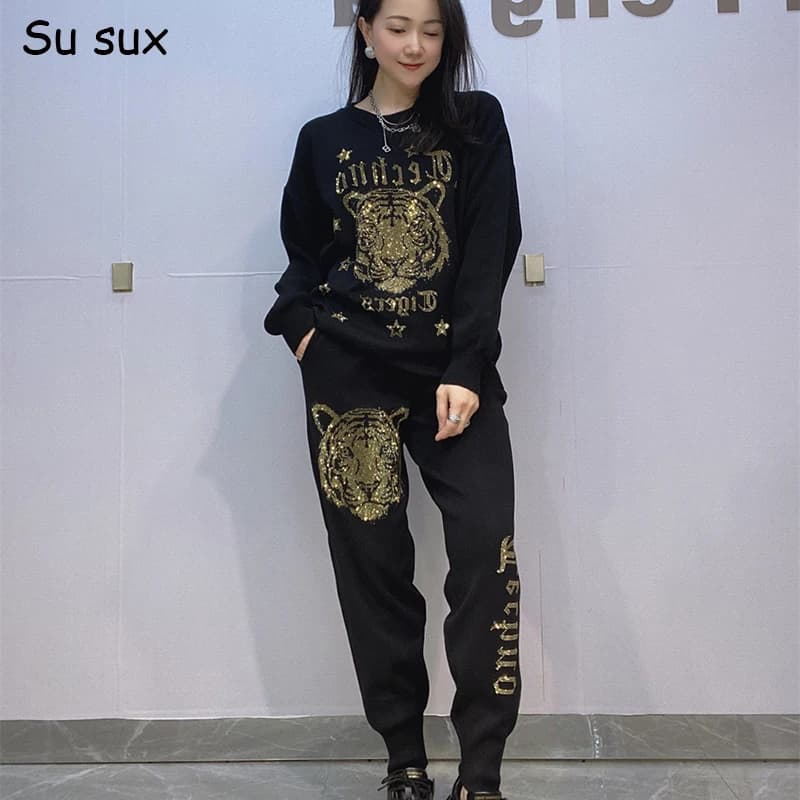 Sequins Tiger Head Knitted Pencil Pant Sets Women 2 Pieces 2025 Spring Autumn Casual Pullover O Neck Knitshirt Macthing Sets