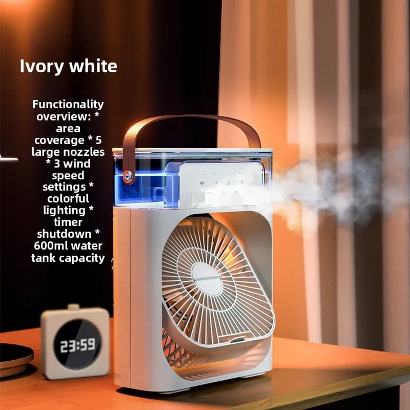 Portable evaporative air cooler with 500 ml tank: double as fan, humidifier; Quiet spray for home, room, camping, car, office