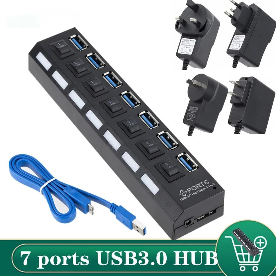 Hub USB 3.0 Hub USB 3.0 Splitter Multi USB 3 Hab usa adattatore di alimentazione 7 porte espansore multiplo 2.0 Hub USB3 con interruttore per PC
