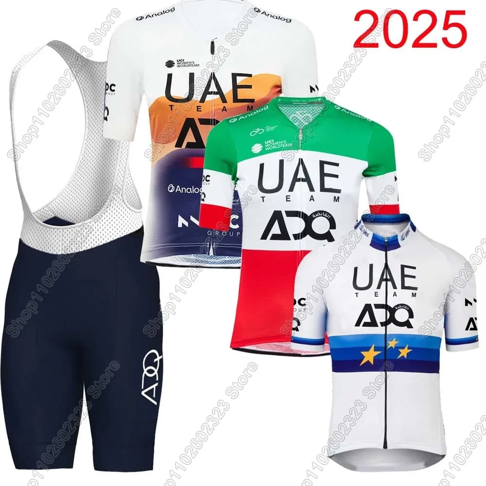 Maglia da ciclismo della squadra UAE ADQ 2025 Set da uomo Italia Europa Abbigliamento da bicicletta Camicie da bici da strada Tuta Pantaloncini con bretelle da bicicletta MTB Ropa Maillot