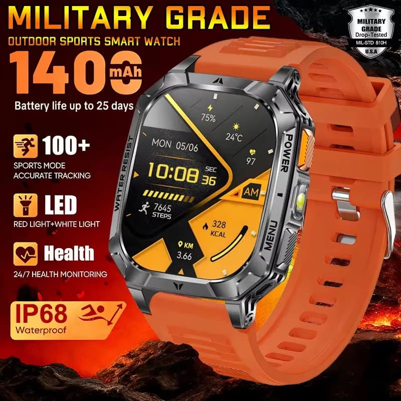 Hot 1400 mAh Battery Military Smartwatch 2.01" AMOLED Screen IP68 Waterproof Flashlight Sports Call Smart Watch For iOS Android