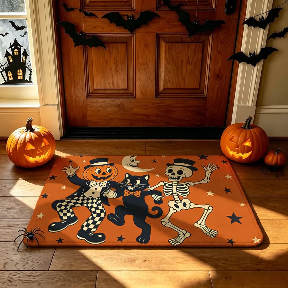 Home entrance water-absorbent floor mat pumpkin head, skeleton black cat moon star Halloween patterns home decoration