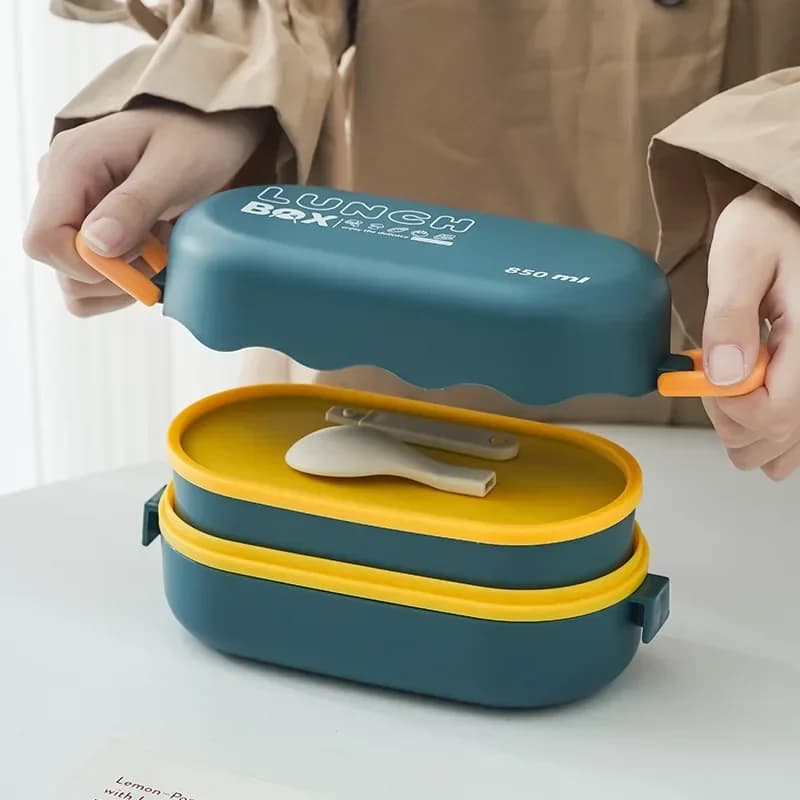 Lunch Box 850ML Double Layer Plastic Lunch Box With Spoon Buckle Container For Loss-proof Food Box from Picnic Sealed
