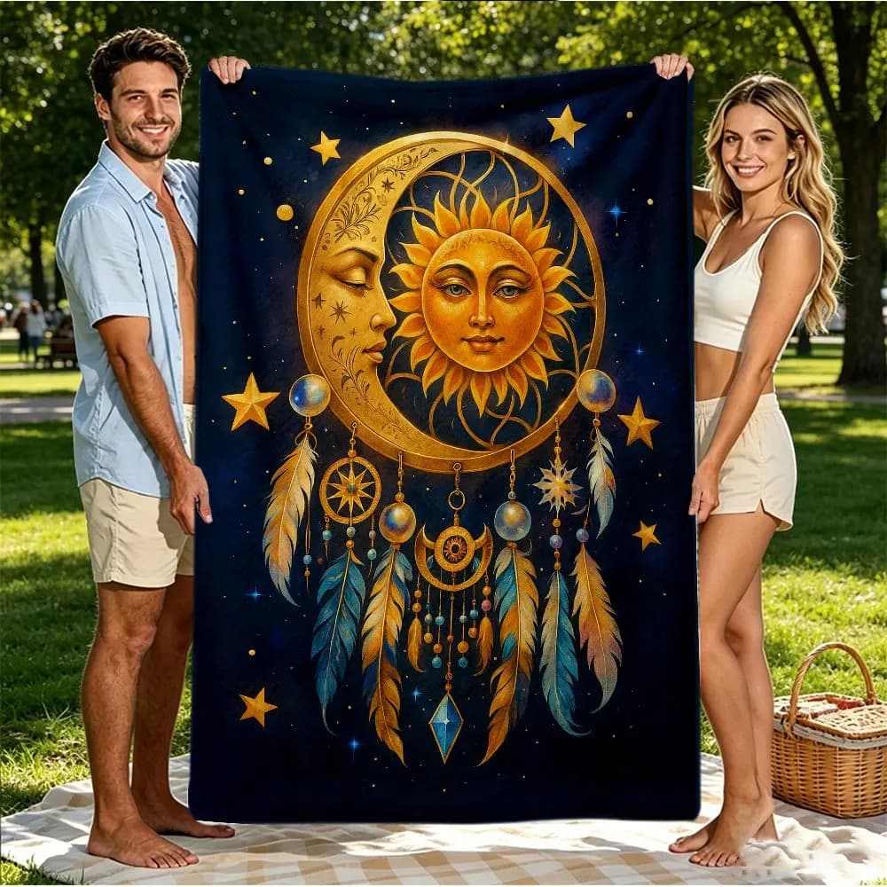 Celestial Sun Moon Throw Blanket Dreamcatcher Feathers Mystic Astrology Starry Night Art Soft Cover For Couch Sofa Cozy Nook