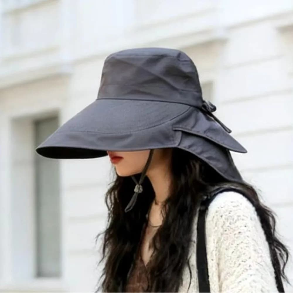 Solid Color Wide Brim Sun Hat Korean Style with Neck Cover Sun Protection Hat Adjustable Neck Protection Women Bucket Hat Hiking