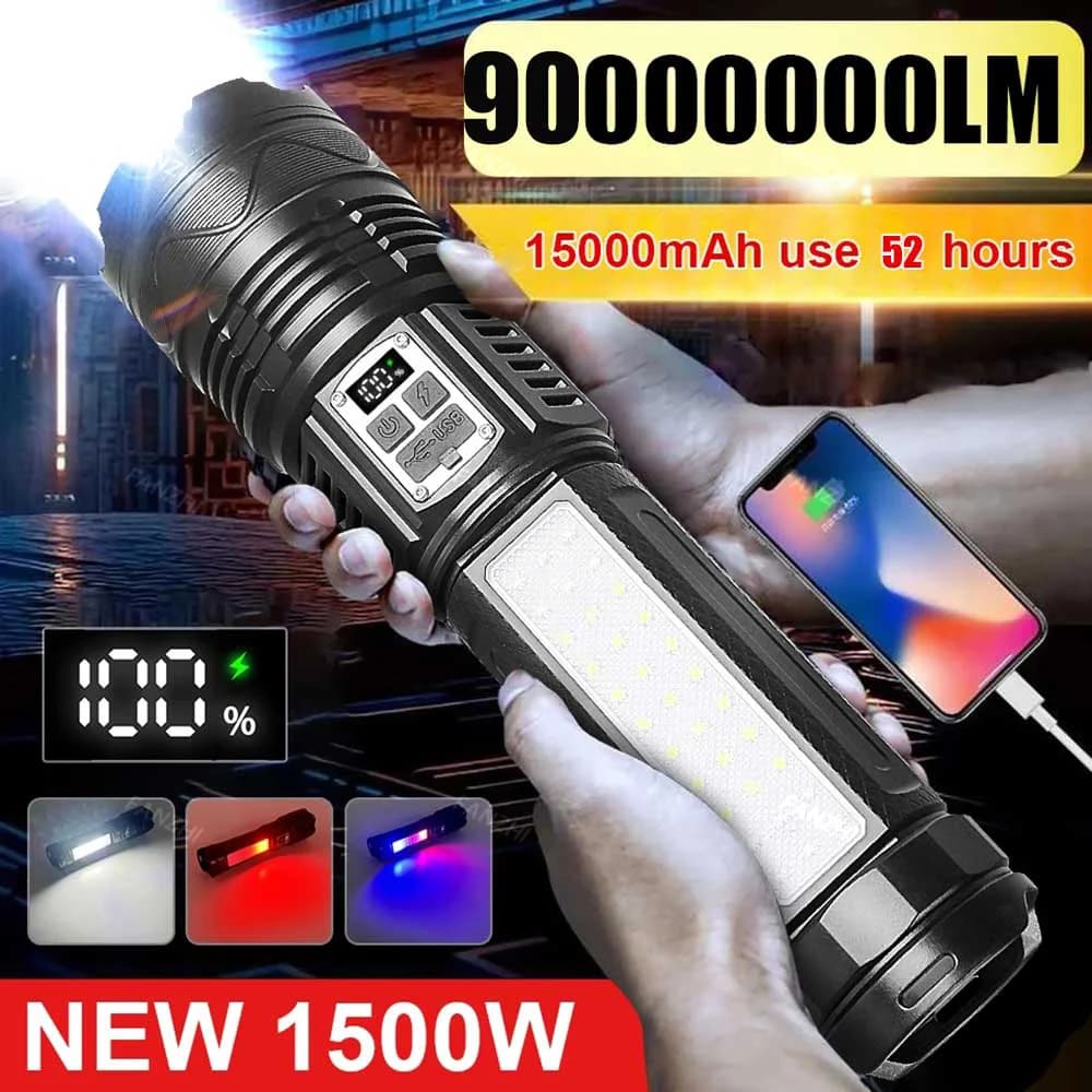 Nuovo 90000000 Torcia a LED ricaricabile ad alta potenza LM Illuminazione Torcia tattica ultra potente incorporata da 15000 mAh