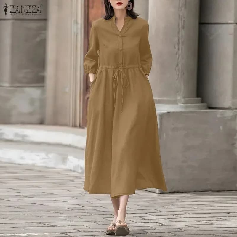 ZANZEA Abiti da donna Tendenza 2026 Primavera Tinta unita Abito ampio Casual Manica 3/4 Coulisse Vita Lavoro Vestito estivo Bottone Midi Robe