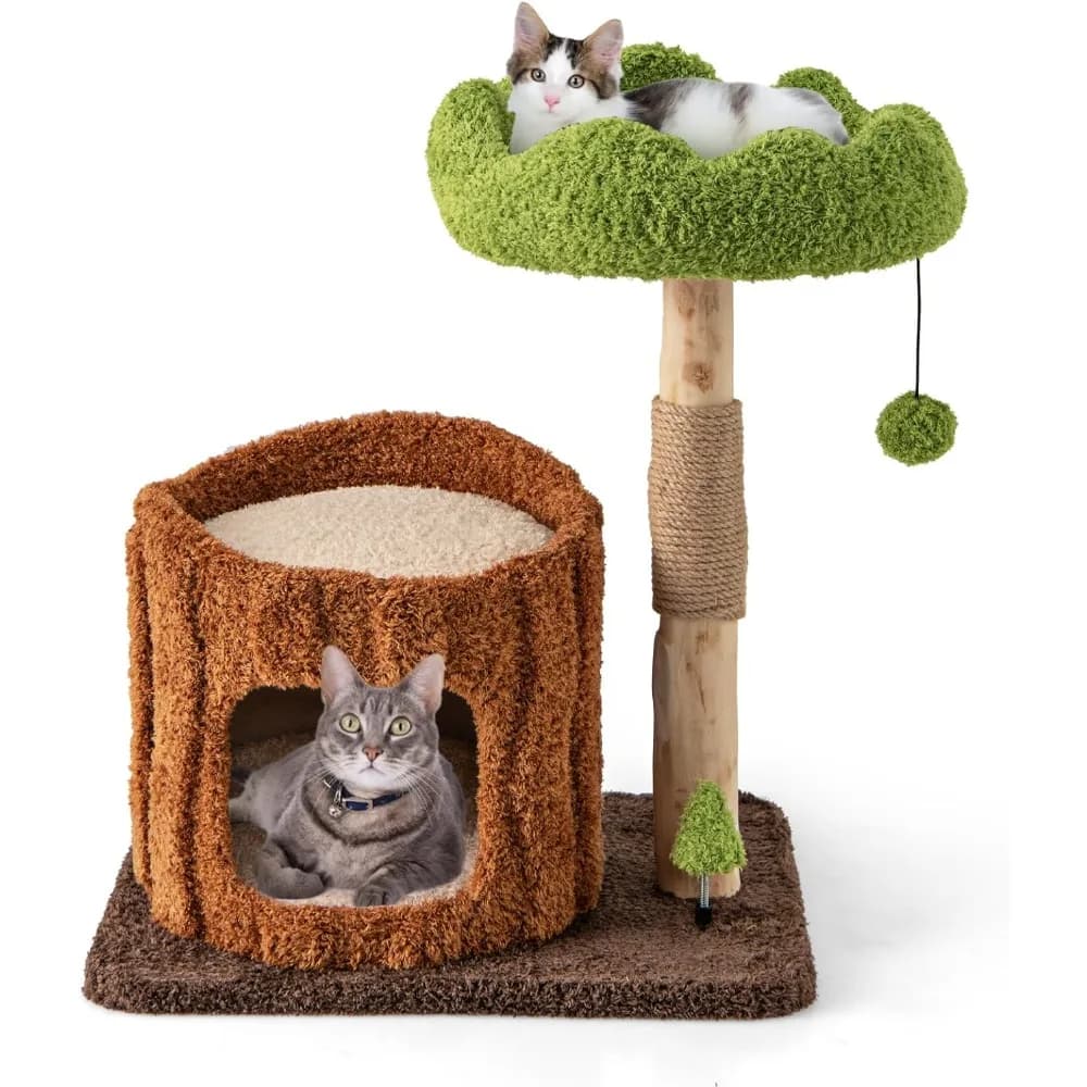 Albero per Gatti da Interno da 29 Pollici, Moderno Albero per Gatti in Legno con Tiragraffi in Juta, Giocattolo a Molla a Forma di Albero