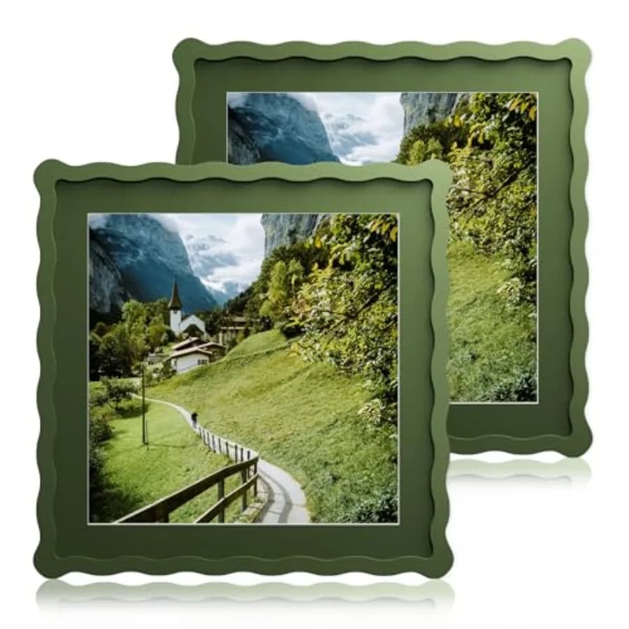 Cornice ondulata 12x12 con passepartout per foto 8x8, cornice in legno con bordo ondulato e vetro vero - da appendere a parete, verde, confezione da 2