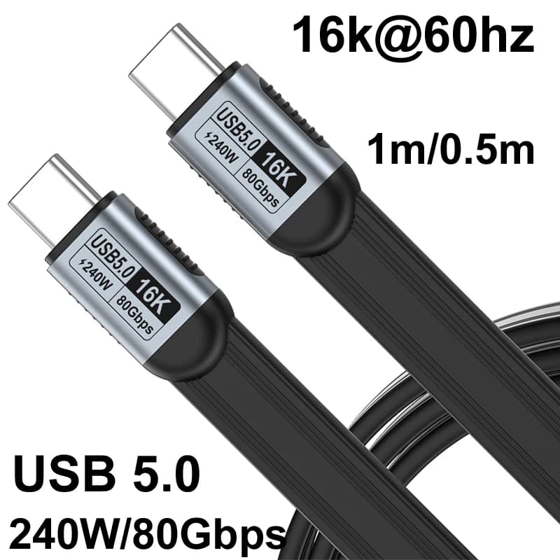 Cavo di prolunga piatto OTG da 0,5M/1M, 80Gbps, PD 5A 240W, ricarica rapida USB 5.0 TYPE-C, video 16K@60Hz, per PS4, telefono, hub.