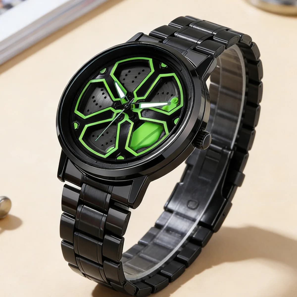 Men's Sports Watch 42mm with Creative Green Rotating Dial, Black Stainless Steel, Waterproof 3Bar, Fashion Casual wristwatch for Men