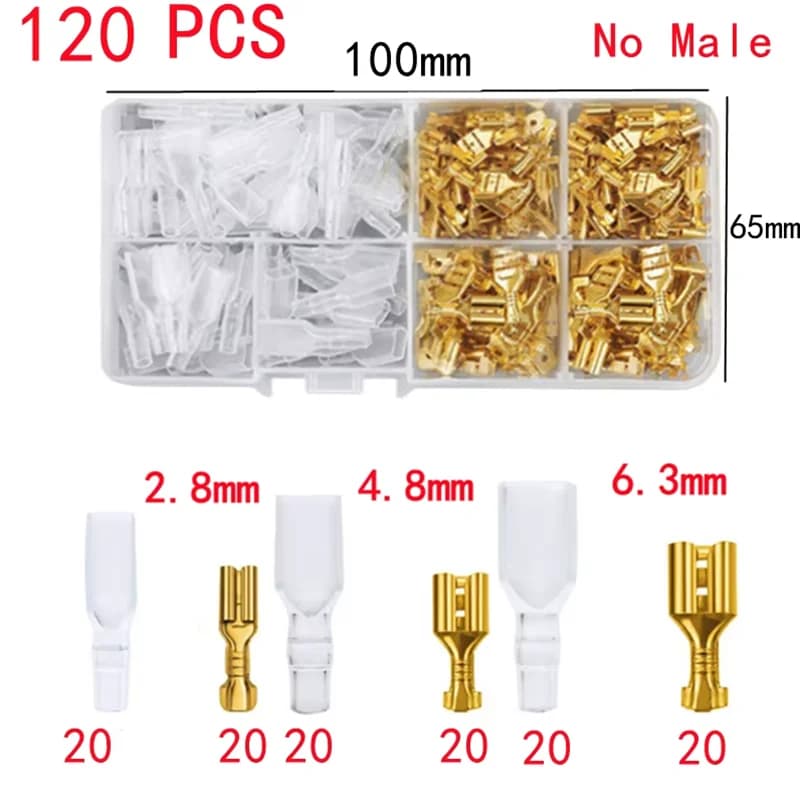 Confezione da 120 pezzi, terminale a crimpare oro/argento, femmina 2,8/4,8/6,3 mm senza maschio, connettore cavo, terminali elettrici