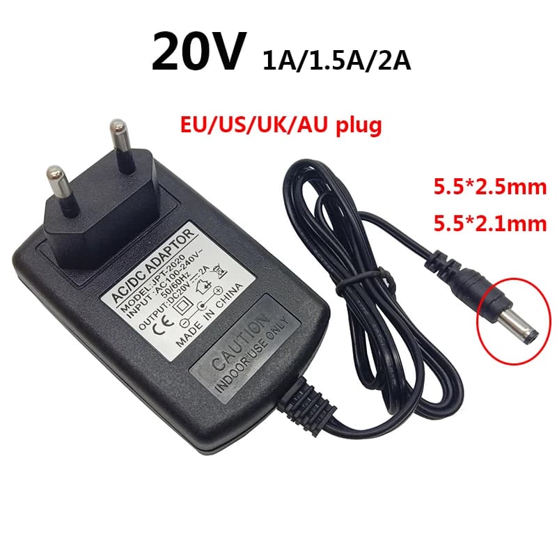 Alimentatore CC da 20 Volt 20 V 1a 2a 20 V 2a Fonte AU Spina UK Adattatore da 20 Volt Spina USA UE Adattatori CA CC Adattatore di commutazione da 5,5 * 2,5 mm