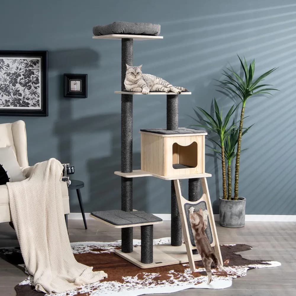 Albero per Gatti Alto, 175 cm, 5 Livelli in Legno con Tiragraffi in Sisal, Piattaforma Superiore, Grazioso Condominio per Gatti, Design Moderno, Personalizzabile