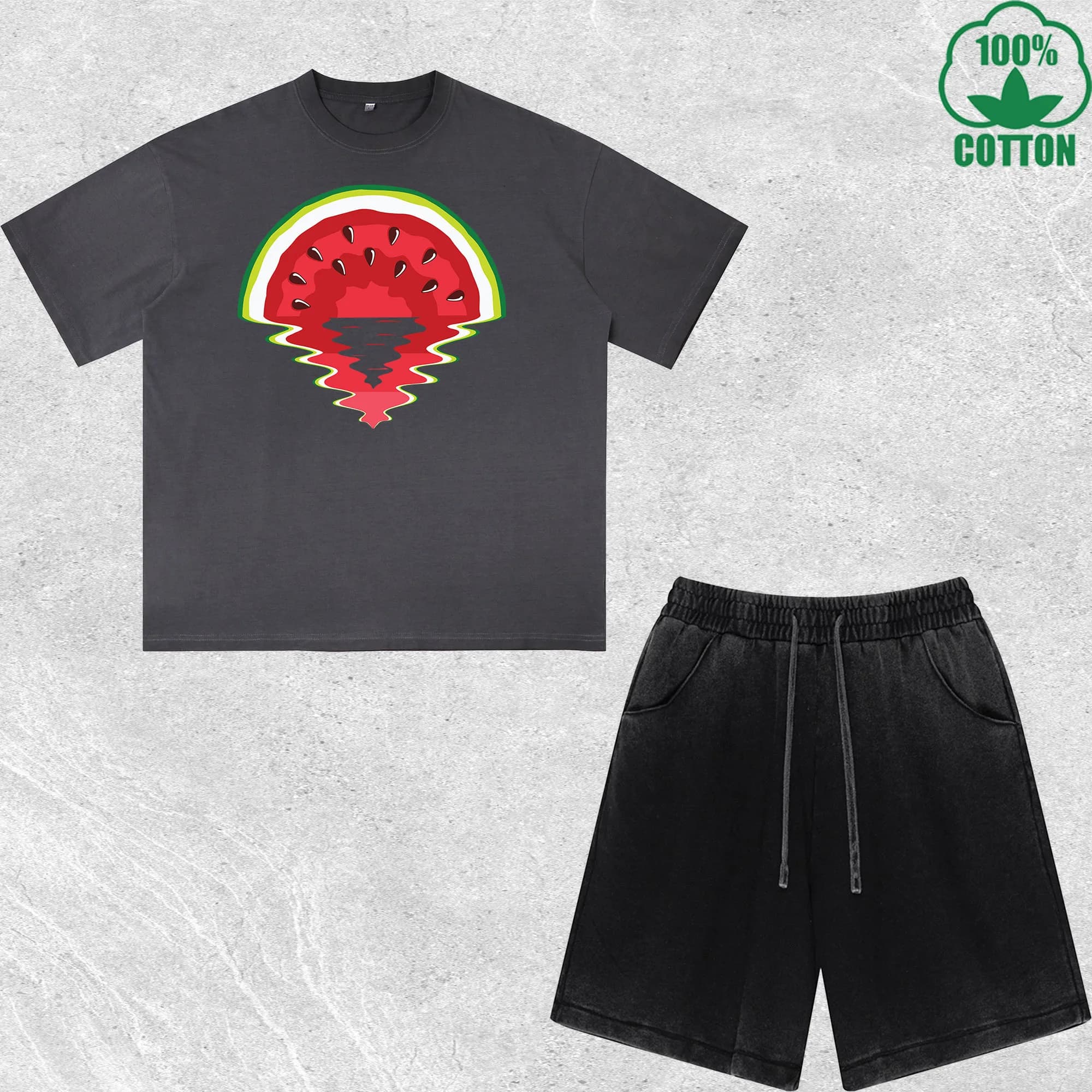 Set Estivo di T-Shirt e Pantaloncini con Stampa Riflessione Anguria, Effetto Lavato, Multicolore, Combinazione Trendy e Alla Moda, 100% Cotone