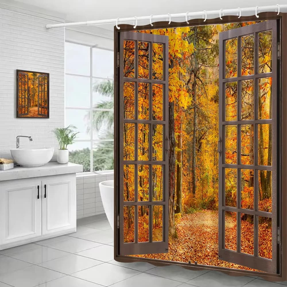 Tende da doccia con paesaggio autunnale della foresta, finestra marrone, alberi di acero, sentiero, scena naturale autunnale, set decorativo per il bagno in tessuto con ganci
