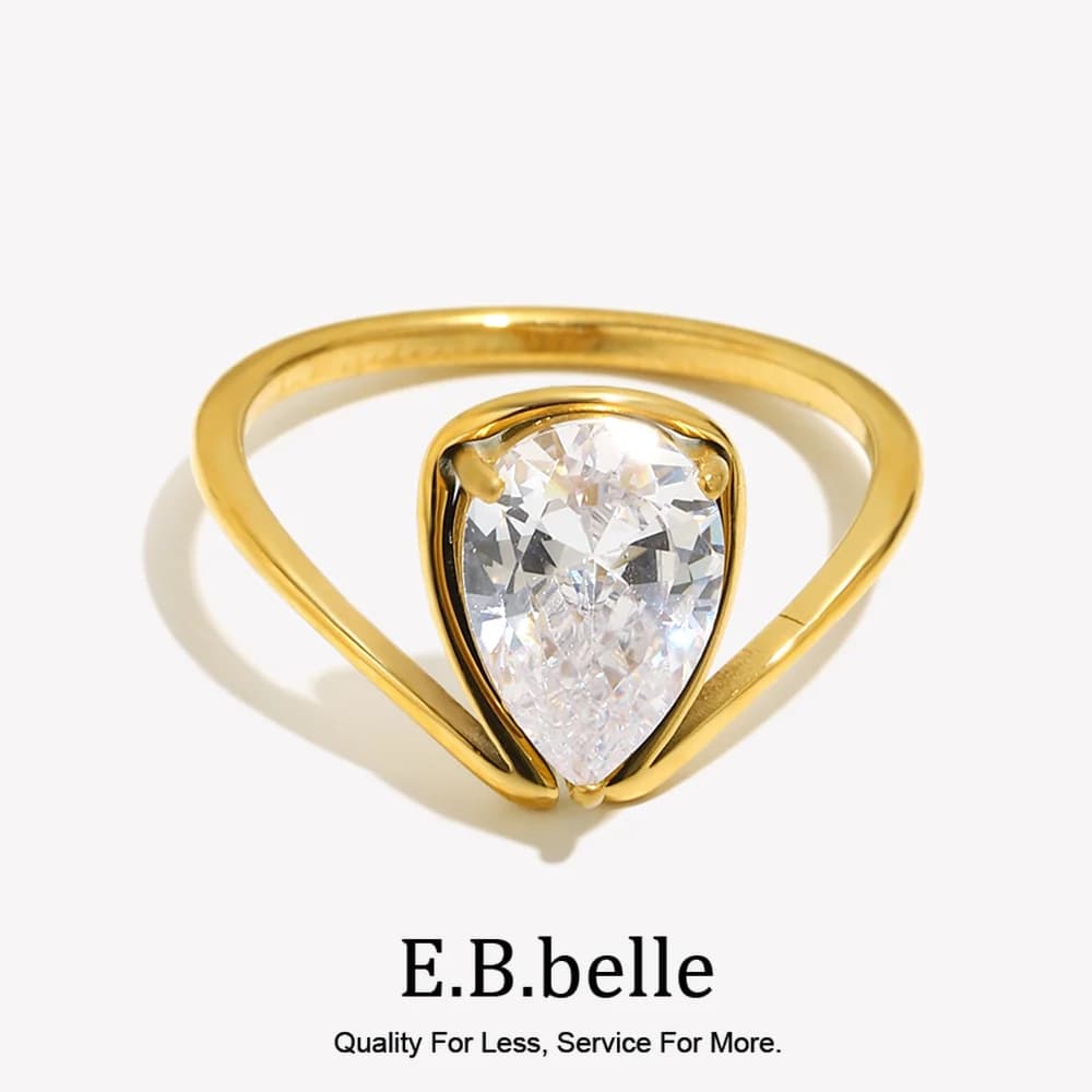 EBbelle Anello con zirconi a forma di gocciolina d'acqua Stile minimalista Gioielli in acciaio inossidabile ipoallergenico placcato oro 18 carati per le donne