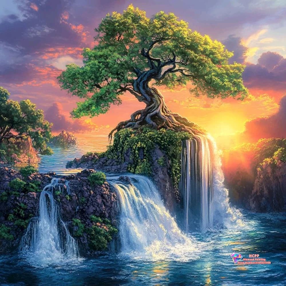 Kit di pittura diamantata 5D con paesaggio di alberi e cascata, ricamo a punto croce, regalo artistico fatto a mano, decorazioni per la casa