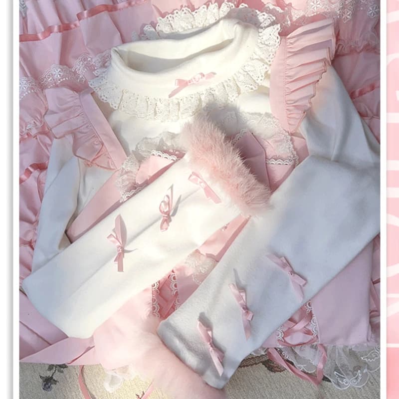 Dolce stile Lolita Mezza collo alto Top Donna Grunge Slim Fit T-shirt con fiocco in pizzo Inverno Y2k Estetica Patchwork di pelliccia Kawaii Tees