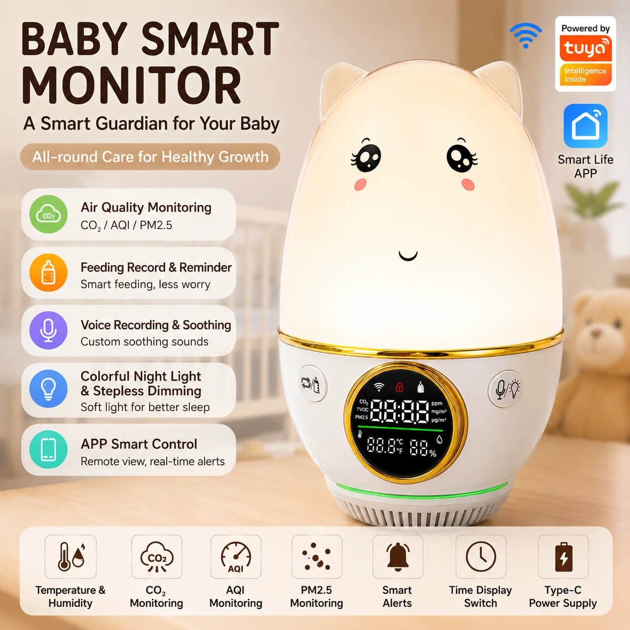 Baby Smart Monitor Tuya APP CO2 AQI PM2.5 Temperature and Humidity Detector Feeding Reminder Recordable RGB Night Light
