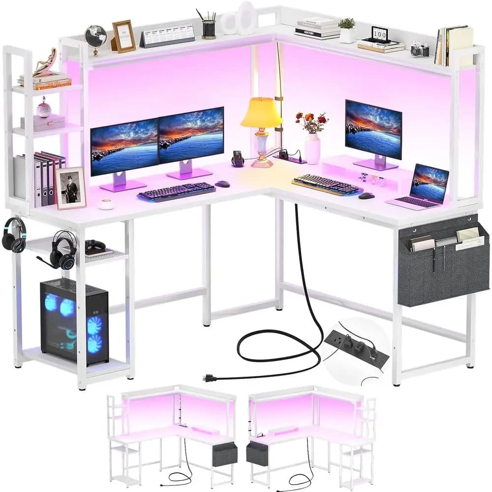 Scrivania a L con Presa di Corrente, Scrivania da Gaming a L con Luce LED e Soppalco, Scrivania Reversibile per Ufficio Domestico, Scrivania per Computer